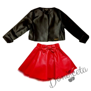 Комплект Дивна от кожена пола в червено и късо кожено яке в черно Contrast за момиче