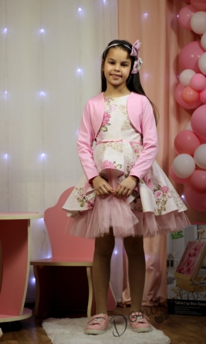 Детска официална рокля Надежда с цветя тип клош с тюл 9776177 с болеро