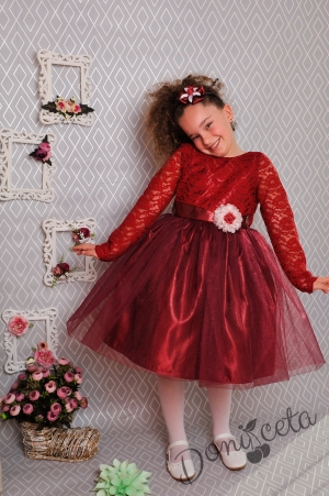 Официална детска рокля с дълъг ръкав с дантела и тюл в бордо с голяма панделка 278ВДР