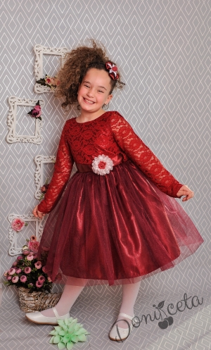 Официална детска рокля с дълъг ръкав с дантела и тюл в бордо с голяма панделка 278ВДР