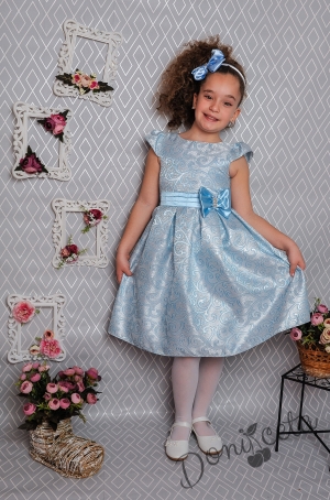 Официална детска рокля с къс ръкав в светлосиньо с коланче 223 СС