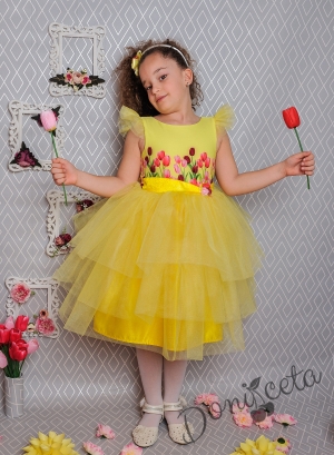 Официална детска рокля в жълто с лалета и тюл на пластове 288-290Л