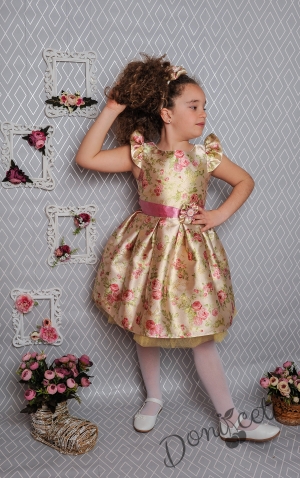 Официална детска рокля с къс ръкав в златисто на цветя с тюл и коланче 297 ЗФГР