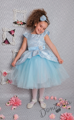 Официална детска рокля с къс ръкав в светлосиньо на цветя с тюл 379 СС