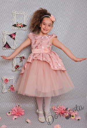 Официална детска рокля с къс ръкав в прасковено на цветя с тюл 379 ПЖ