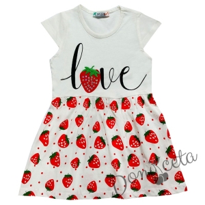 Детска  лятна рокля в бяло с ягодки в червено и надпис