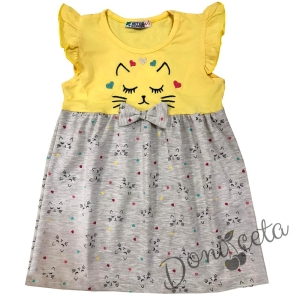 Детска  лятна рокля в жълто и сиво с картинка на котенце