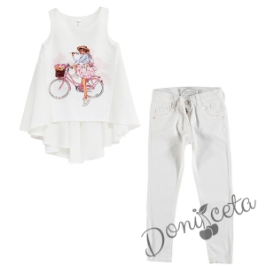 Комплект от туника в бяло и летен панталон в бяло за момиче