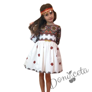 Детска рокля с фолклорни/етно мотиви в екрю тип народна носия с косичник подарък