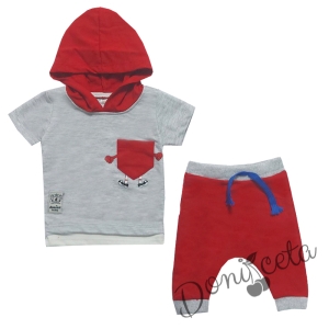 Комплект от 2 части тениска в сиво с джобче и панталонки в червено
