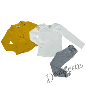 Детски комплект от блуза в екрю,сако в горчица и панталон в сиво и бяло каре