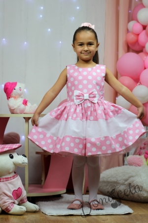 Детска официална рокля в розово на бели точки от памук с тюл отдолу Даниела