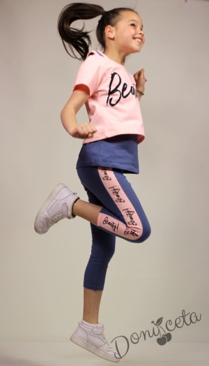Детски летен комплект от 3 части с потник, тениска с къс ръкав в розово и клин в синьо