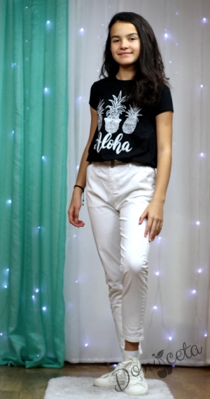 Комплект от летен панталон за момиче в бяло с тениска в черно