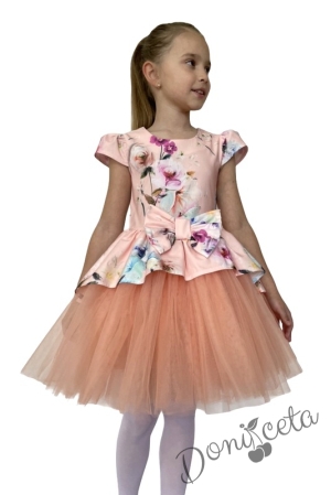 Официална детска рокля на цветя в прасковено с тюл