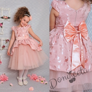 Официална детска рокля с къс ръкав в прасковено на цветя с тюл 379 ПЖ