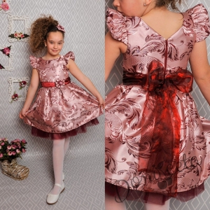 Официална детска рокля с къс ръкав в бордо на цветя с тюл и коланче 297 ФГВ
