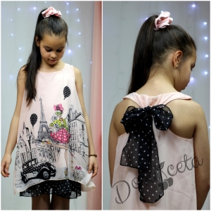 Детска лятна рокля в цвят пудра с Париж и черни точки 445644