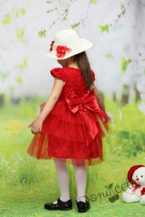 Детска официална рокля от релефна дантела и тюл в червено