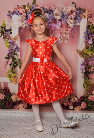 Официална детска рокля с къс ръкав в червено на точки 270ЧБ