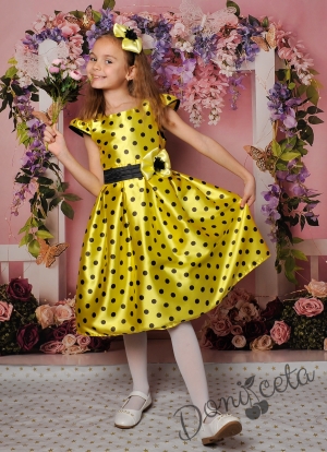 Официална детска рокля с къс ръкав в жълто на точки 270ЖЧ
