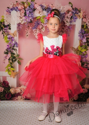 Официална детска рокля в циклама с цветя и тюл 288-290ЦР