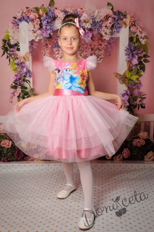 Официална детска рокля в розово с принцеси и тюл 288-267П