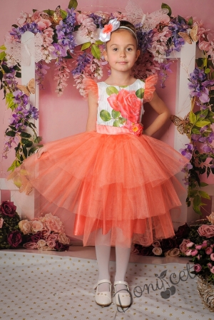 Официална детска рокля в прасковено с цветя и тюл 288-282РС