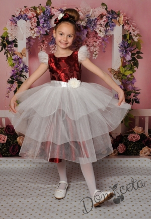 официална детска рокля в бордо и бяло
