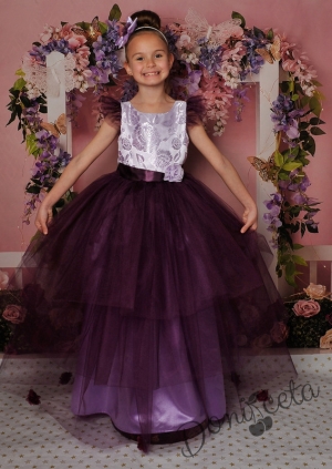 Официална дълга детска рокля с къс ръкав в лилаво с тюл 288СЛЖД