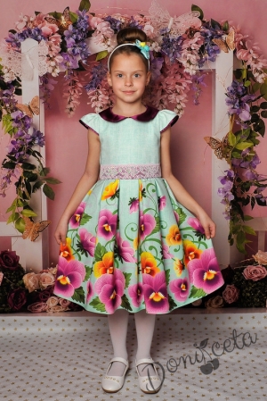 Официална детска рокля с къс ръкав на цветя 290Т