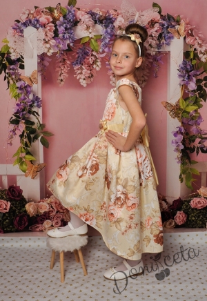 Официална детска рокля с къс ръкав в златисто на цветя 260-241КБ