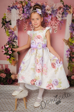 Официална детска рокля с къс ръкав в бяло на цветя 260-241ББ