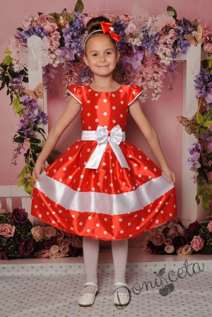 Официална детска рокля с къс ръкав в червено на точки 272ЧБ