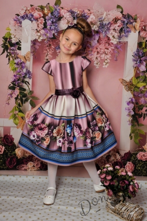 Официална детска рокля с къс ръкав в лилаво на цветя  290ББ