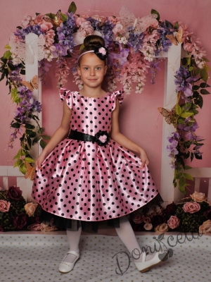 Официална детска рокля Мел с къс ръкав в розово на черни точки 297РЧТ
