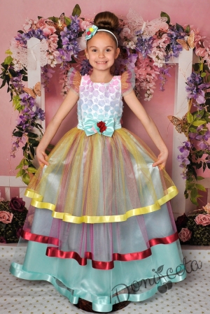 Официална детска дълга рокля с многоцветен тюл и 3D цветя 312ЗДЦД