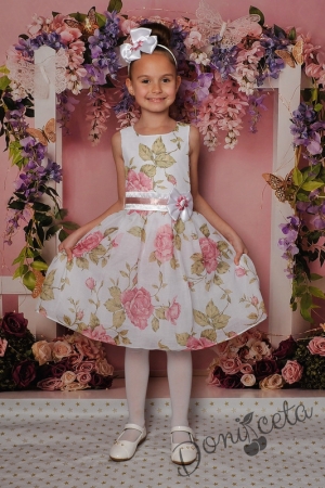 Официална детска рокля в бяло без ръкав на цветя 213ПВ