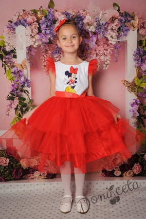 Официална детска рокля в червено с Мини Маус и тюл 288ММ