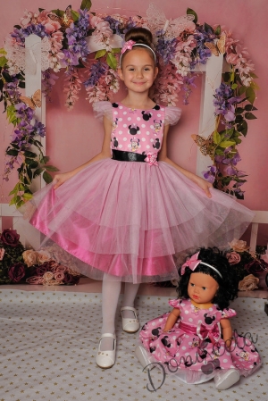 Официална детска/бебешка рокля с тюл в розово с Мини Маус  298ММТР