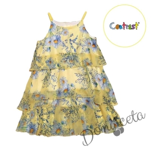 Детска лятна рокля без ръкав на воали в жълто на цветя с тънки презрамки 664694 2