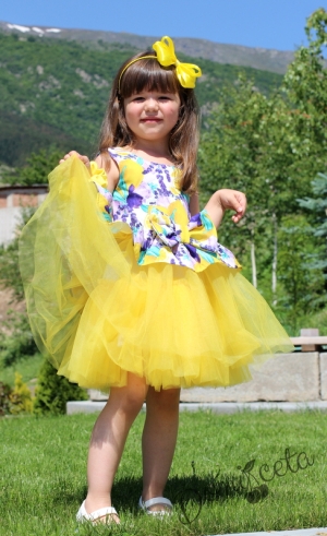 Официална детска рокля Надежда на цветя с тюл в жълто с лимони