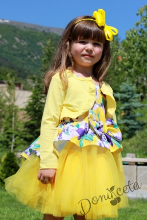 Комплект от детска рокля Надежда на цветя с тюл в жълто с лимони и болеро