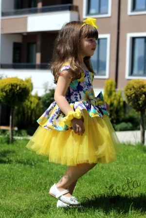 Комплект от детска рокля Надежда на цветя с тюл в жълто с лимони и болеро