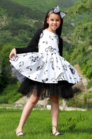 Официална детска рокля в бяло с ноти и тюл с болеро в черно