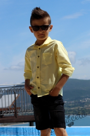 Комплект от детска риза с дълъг ръкав в жълто с джобче и къси дънки 5