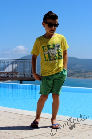 Комплект за момче от къси панталонки в зелено и тениска в жълто  3