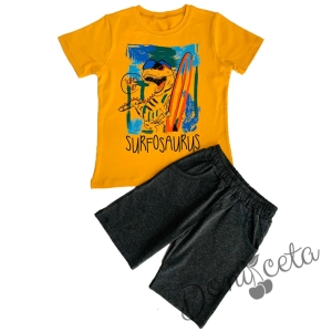 Комплект за момче от тениска в горчица и къси панталони в сиво