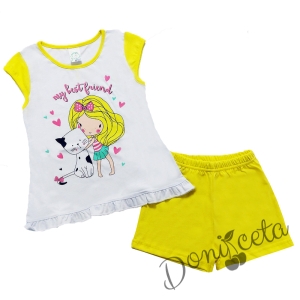 Детска пижама с къс ръкав в бяло и жълто за момиче 