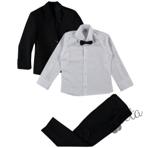 Елегантен костюм от панталон, риза, сако и папийонка в черно 4